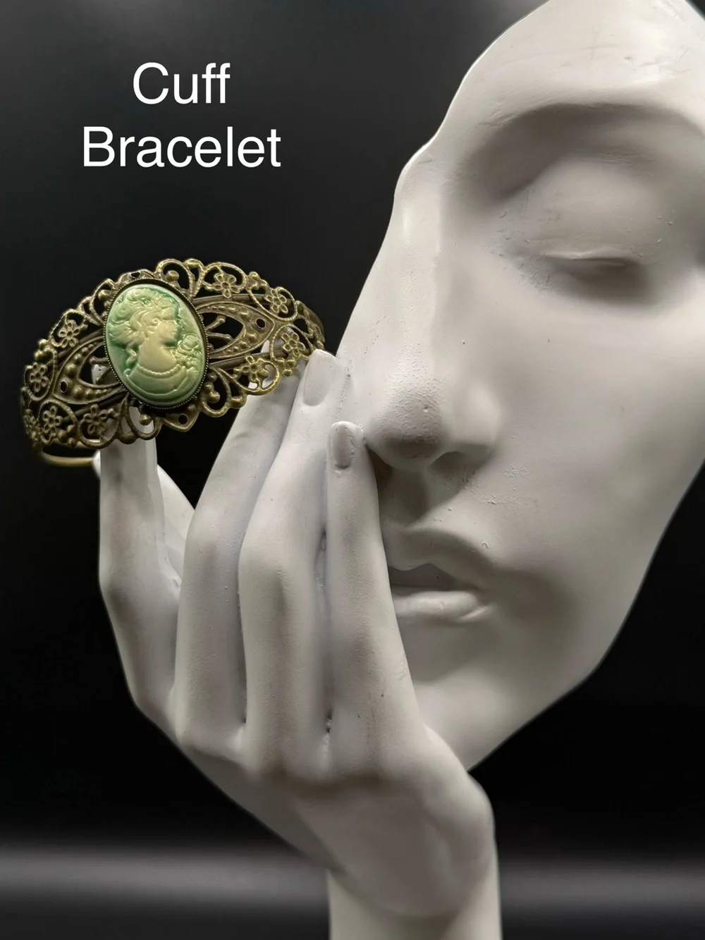 Vintage-Inspired Green Cameo Cuff Bracelet